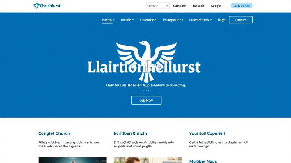 Beispielhafte Christliche Unternehmer-Website mit Symbolen wie einem Kreuz und einer Taube, gedeckter Farbpalette in Blau und Weiß, und ansprechenden Multimedia-Inhalten.