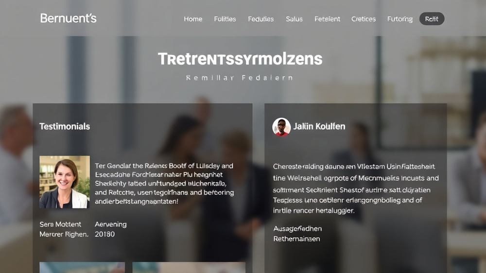 Ein Vertrauenssymbol in Form einer Website, die Testimonials und Fallstudien ansprechend präsentiert, mit Bildern zufriedener Kunden und aussagekräftigen Bewertungen.