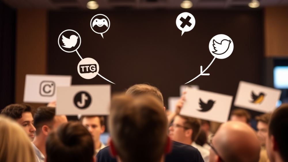 Eine Person kommuniziert ehrlich mit einem Publikum, um Authentizität und Transparenz zu fördern, umgeben von Symbolen wie Markenlogos und Social-Media-Icons.