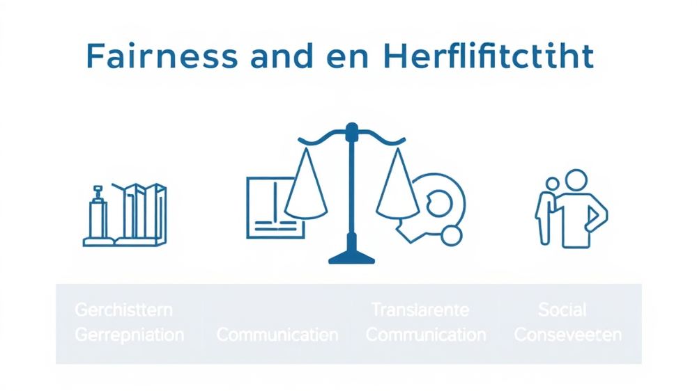 Grafik, die Fairness und Ehrlichkeit in Geschäftspraktiken darstellt, mit Symbolen für Gerechtigkeit, transparente Kommunikation und soziale Verantwortung.
