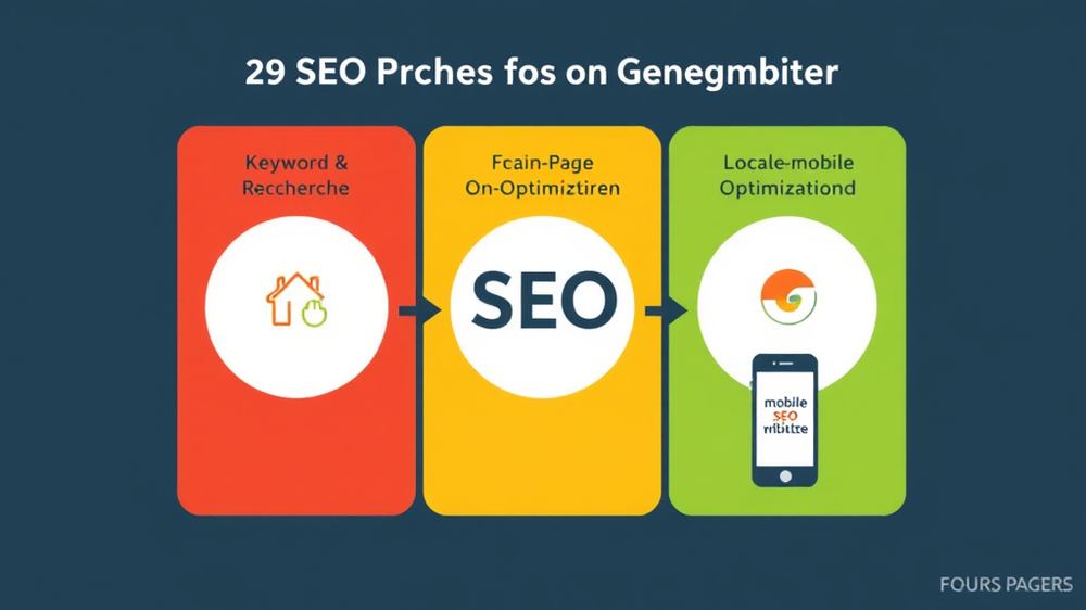 Grafik eines SEO-Prozesses für Gemeinden, in der Keyword-Recherche, On-Page-Optimierung und lokale SEO sowie mobile Optimierung dargestellt sind.