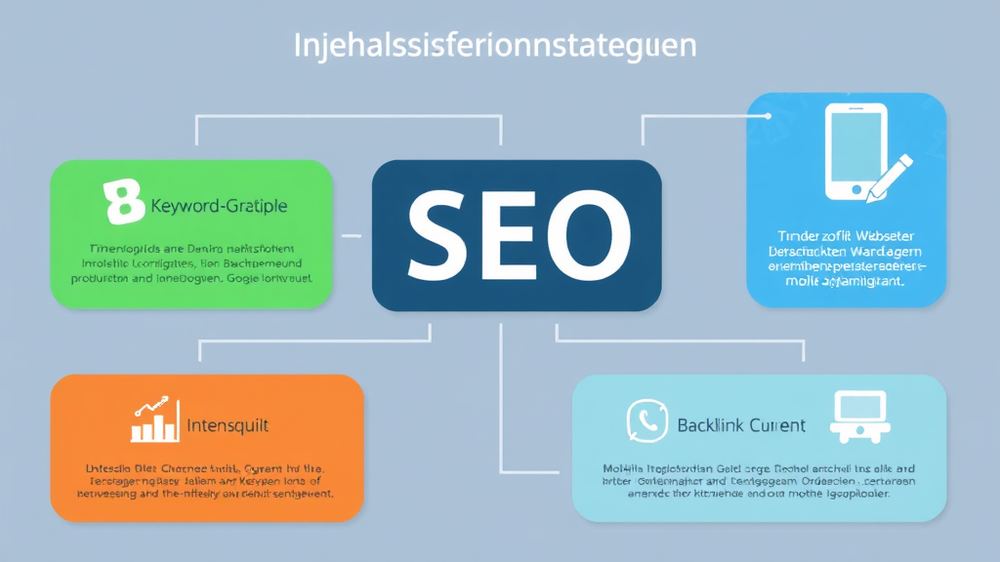Grafik mit SEO-Strategien, darunter Keyword-Optimierung, Inhaltsqualität, Website-Geschwindigkeit, mobile Optimierung und Backlink-Aufbau, visuell dargestellt.