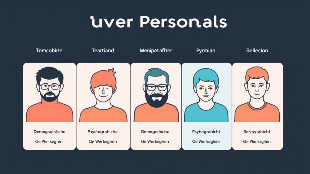 Grafik mit verschiedenen Buyer Personas, die demografische, psychografische und verhaltensbezogene Merkmale potenzieller Nutzer darstellen, um die Zielgruppenanalyse zu veranschaulichen.
