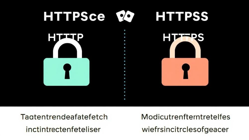 Grafik zeigt die Unterschiede zwischen HTTP und HTTPS, einschließlich des Schloss-Symbols, Datenverschlüsselung und Sicherheitsvorteilen für Webseitenbesucher.