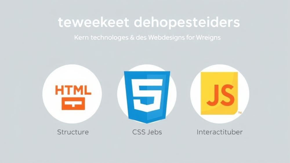 Grafische Darstellung der drei Kerntechnologien des Webdesigns: HTML für Struktur, CSS für Design und JavaScript für Interaktivität, illustriert durch passende Symbole.