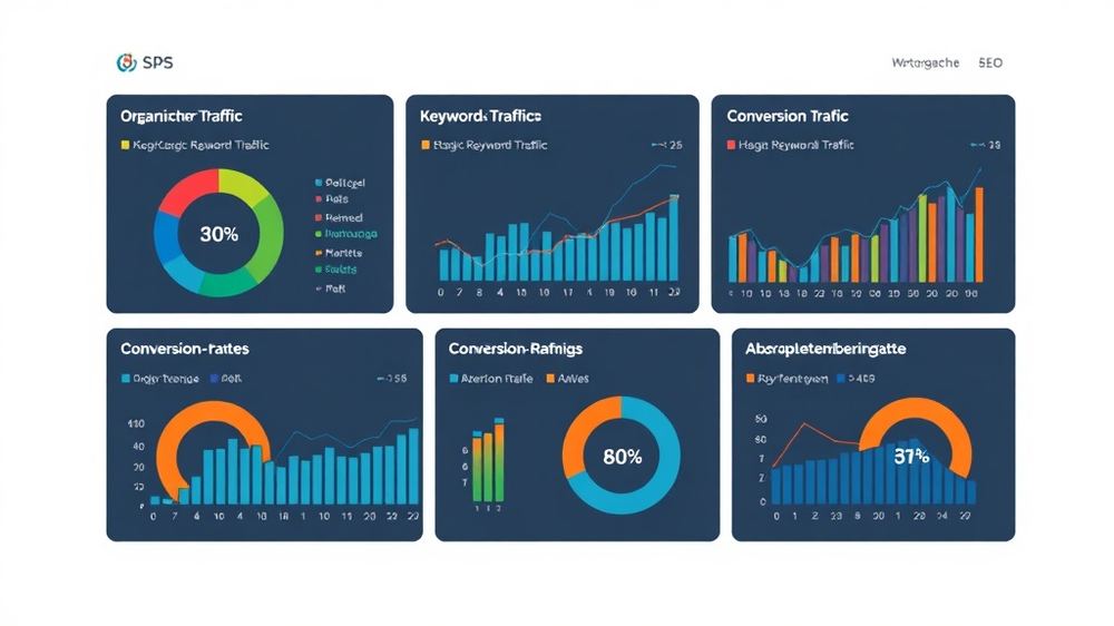 Grafische Darstellung eines SEO-Dashboards mit KPIs wie organischer Traffic, Keyword-Rankings, Conversion-Rate und Absprungrate zur Überwachung der Website-Performance.