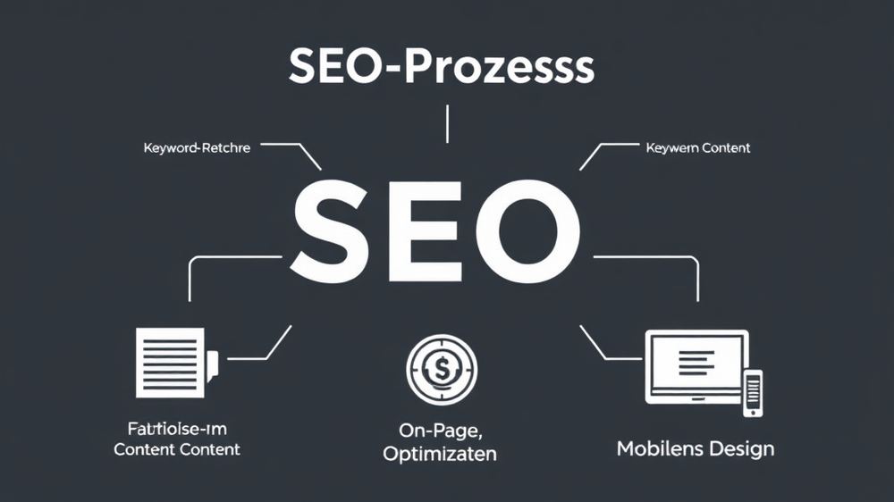 Grafische Darstellung eines SEO-Prozesses mit Elementen wie Keyword-Recherche, hochwertigem Content, On-Page-Optimierung und mobilem Design.