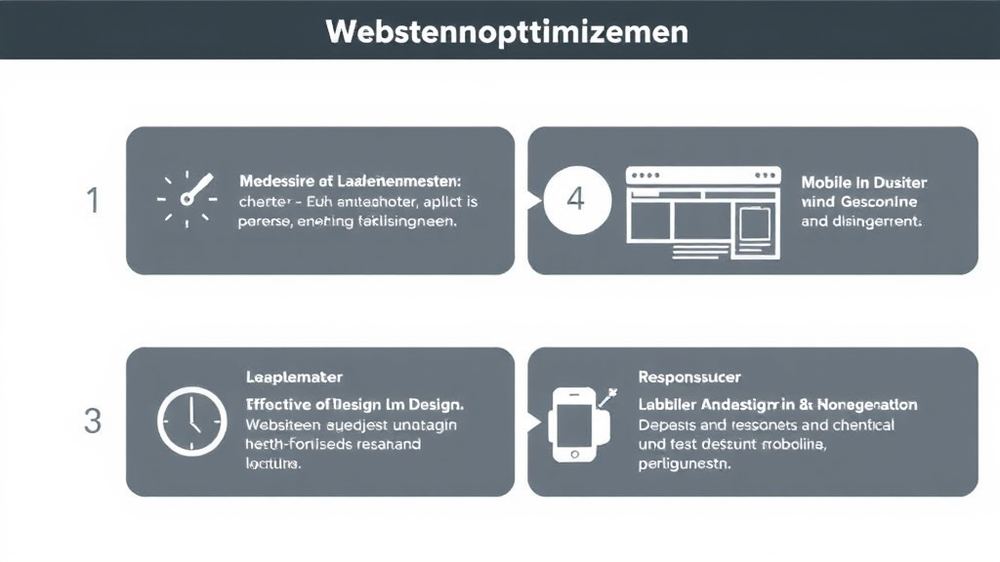 Grafische Darstellung eines Webseitenoptimierungsprozesses, inklusive Ladezeitmessung, responsivem Design und mobilen Endgeräten.