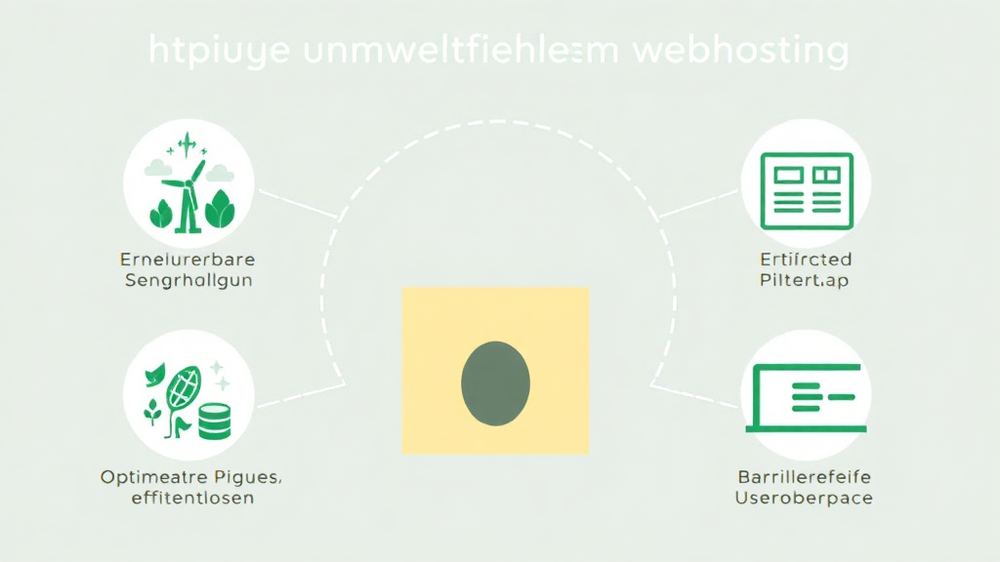 Illustration von umweltfreundlichem Webhosting mit Symbolen für erneuerbare Energien, optimierte Bilder, effizienten Code und barrierefreie Benutzeroberfläche.
