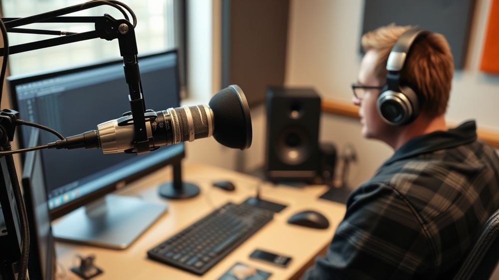 Podcast-Studio mit Mikrofon, Computer und Kopfhörern, in dem eine Predigtaufnahme gemacht wird, um eine breite Hörerschaft zu erreichen.