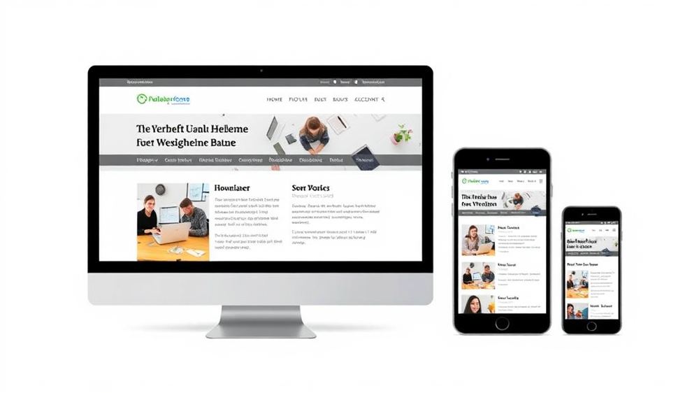 Screenshot einer responsiven Webseite in verschiedenen Ansichten, die auf Desktop, Tablet und Smartphone angepasst ist, mit betonten flexiblen Layouts und großen, benutzerfreundlichen Schaltflächen.
