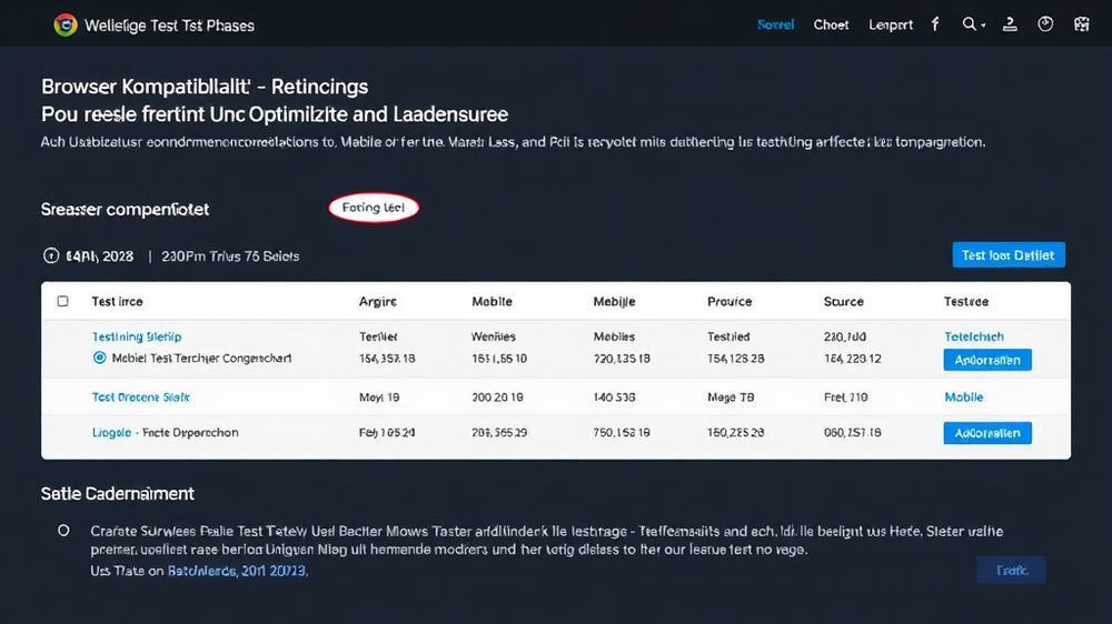 Screenshot einer Website-Testphase, die Browserkompatibilität, mobile Optimierung und Ladegeschwindigkeit zeigt, mit geöffneten Testtools und verschiedenen Geräten.