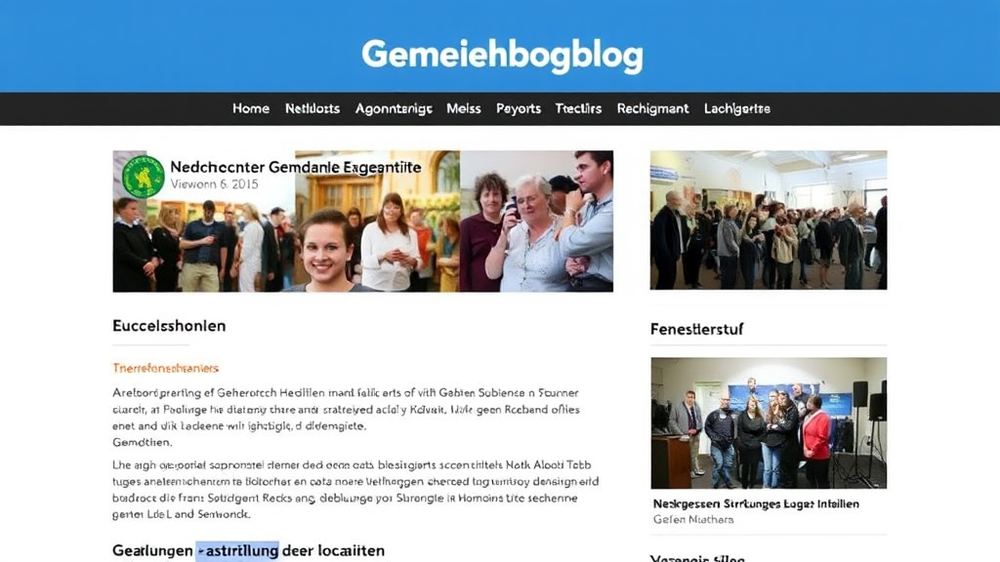 Screenshot eines Gemeindeblogs, der Erfolgsgeschichten, Fotos von Veranstaltungen und Nachrichten zur Stärkung der lokalen Identität präsentiert.