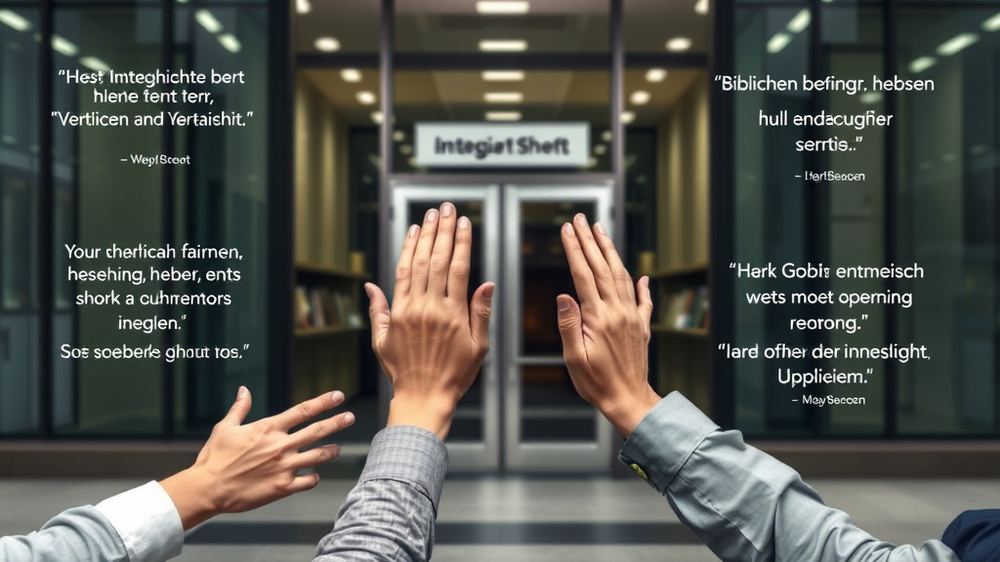 Symbolische Darstellung von Integrität und Verlässlichkeit: Personen schütteln sich die Hände vor einem Büro, umgeben von biblischen Zitaten über Ehrlichkeit und Fairness.