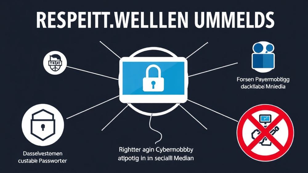 Visualisierung eines respektvollen Online-Umfelds mit Symbolen für Datenschutz, starke Passwörter und Richtlinien gegen Cybermobbing in sozialen Medien.