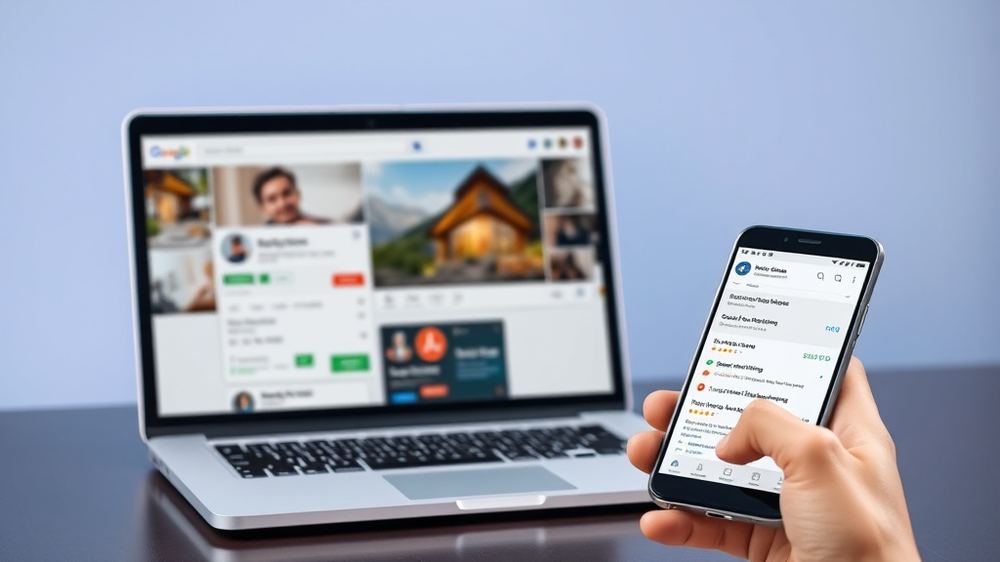 Visuelle Darstellung eines christlichen Unternehmens mit einem Google My Business-Profil auf einem Laptop, lokale Suchanfragen und positive Kundenbewertungen auf einem Smartphone.