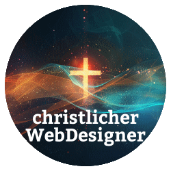 Christlicher Webdesigner Logo mit leuchtendem Kreuz und abstrakten Lichtwellen