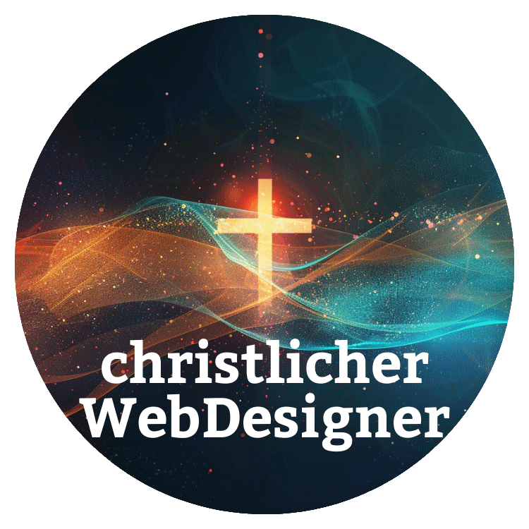 Christlicher Webdesigner Logo mit leuchtendem Kreuz und abstrakten Lichtwellen