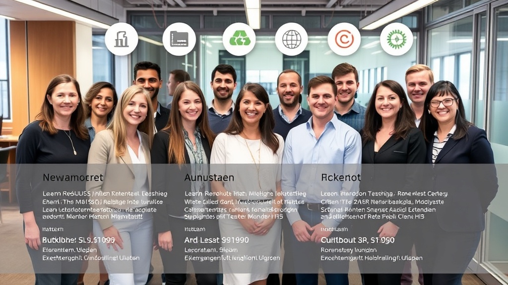 Teamfoto mit lächelnden Mitgliedern in einem modernen Büro, umgeben von Unternehmenssymbolen, kombiniert mit kurzen Biografien und Kontaktdaten.